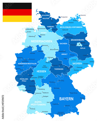 Germany map and flag - highly detailed vector illustration. Image contains land contours  country and land names  city names  water object names  flag.