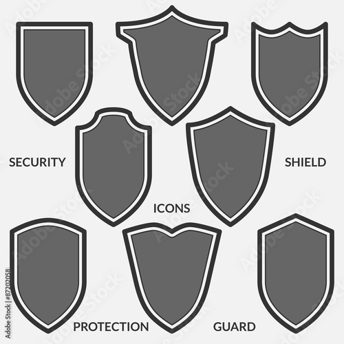 Set of shield icons. Monochrome security signs isolated on white background.