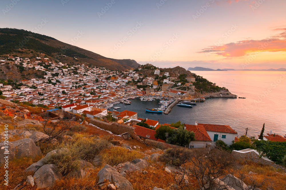 View of port of Hydra from a hill above the town.