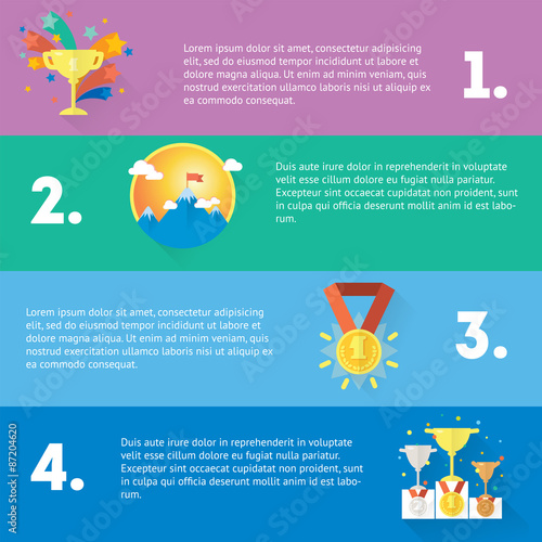 Sport winner concept set banners of gym, healthy food, metrics. Modern vector icons and illustrations in flat style