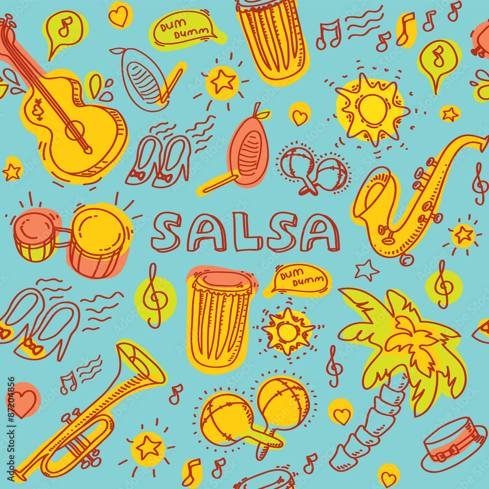 Salsa music icons, instruments, blue back