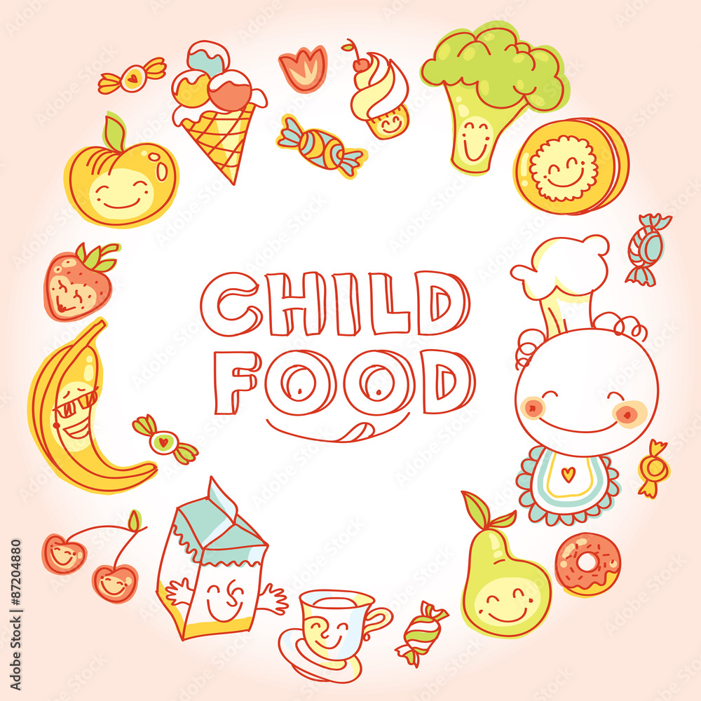 Child food, set of colorful roundelay fruits, vegetables, sweets, cookies with smile
