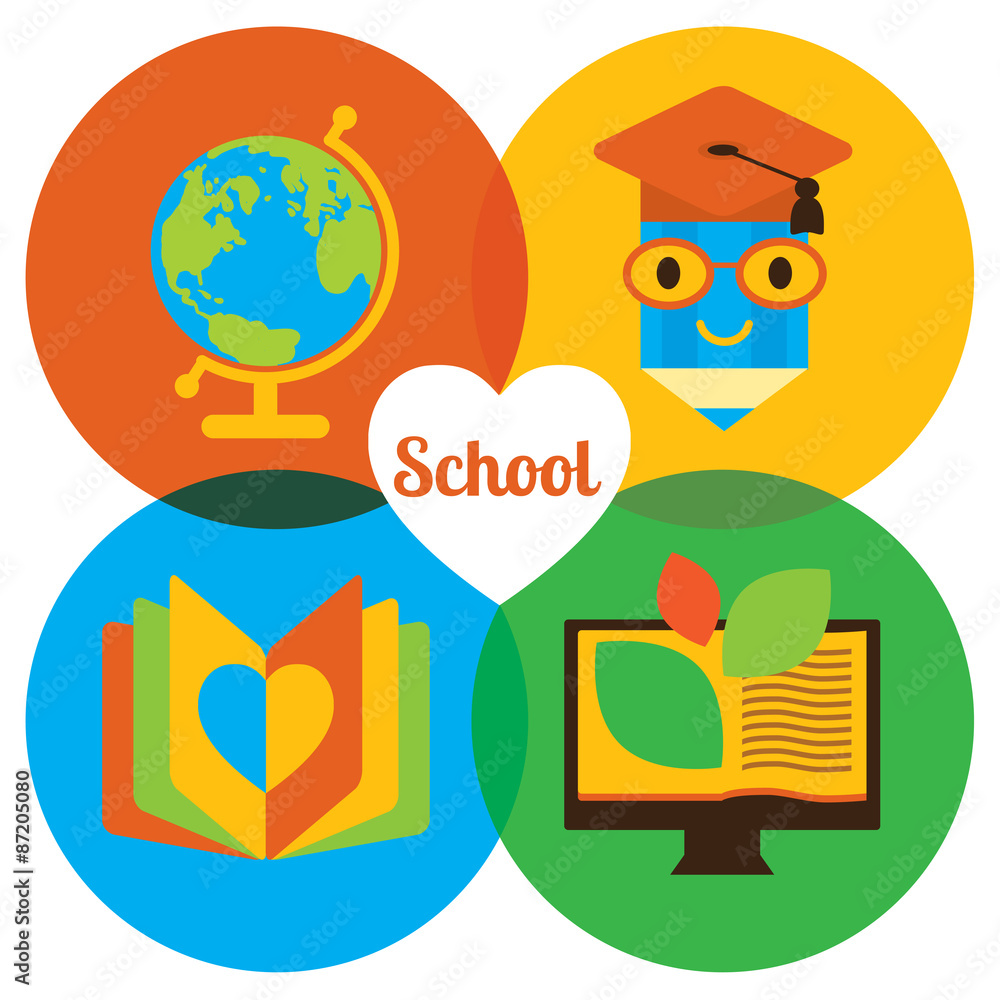 Set of colorful vector education icons. Happy school: globe, pencil, notebook, computer