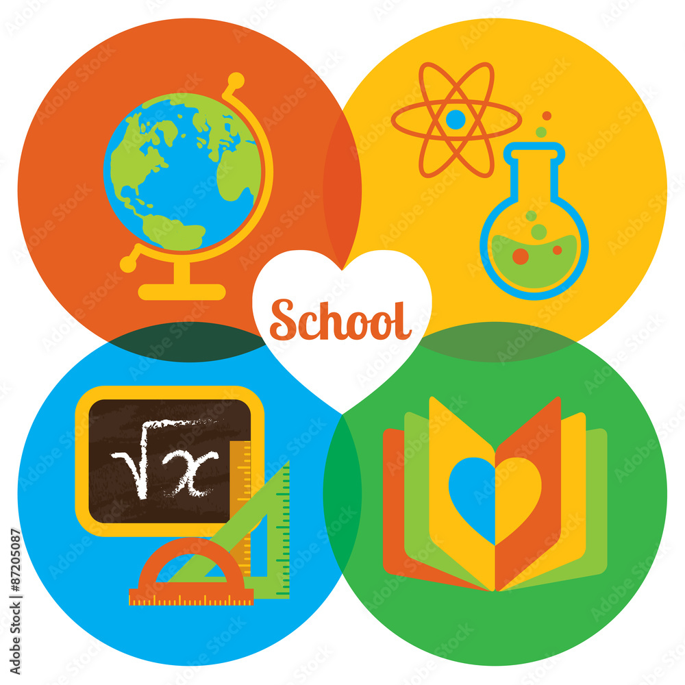 Set of colorful vector icons. Happy school: globe, flask, atom, chalkboard, notebook