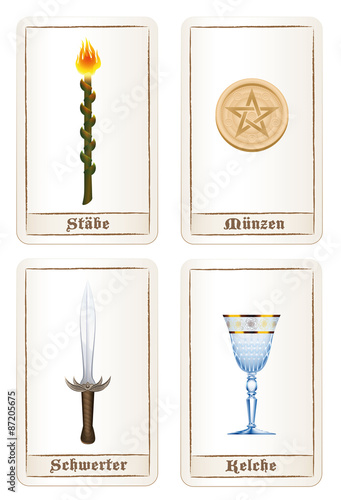 Tarot card colors or elements - suit of wands, suit of pentacles, suit of swords and suit of cups. Isolated vector illustration on white background. GERMAN LABELING!