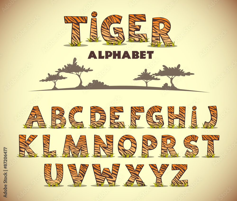 Tiger alphabet, vector font with wild pattern Stock Vector | Adobe Stock