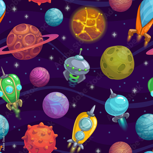 Seamless pattern with planets and space ships