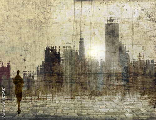 Vintage city skyline with small female figure