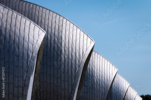 Thames Barrier, London. Close, full-frame detail on the contemporary architecture of the London flood barrier which crosses the River Thames between Silvertown and New Charlton.