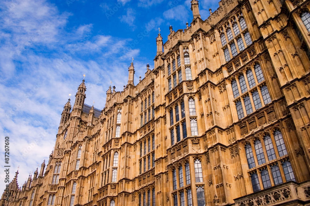 Houses of Parliament, London. Close, detail of the exterior facade to the UK seat of government, a classic example of British gothic architecture.