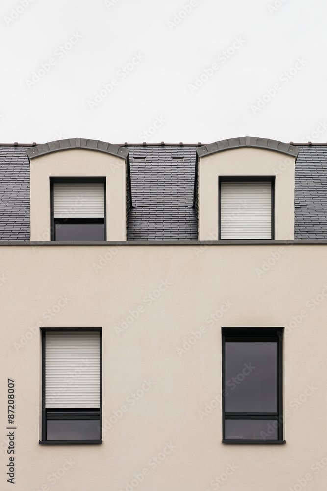 Moderne Fassade mit Schleppgauben und Schieferdach