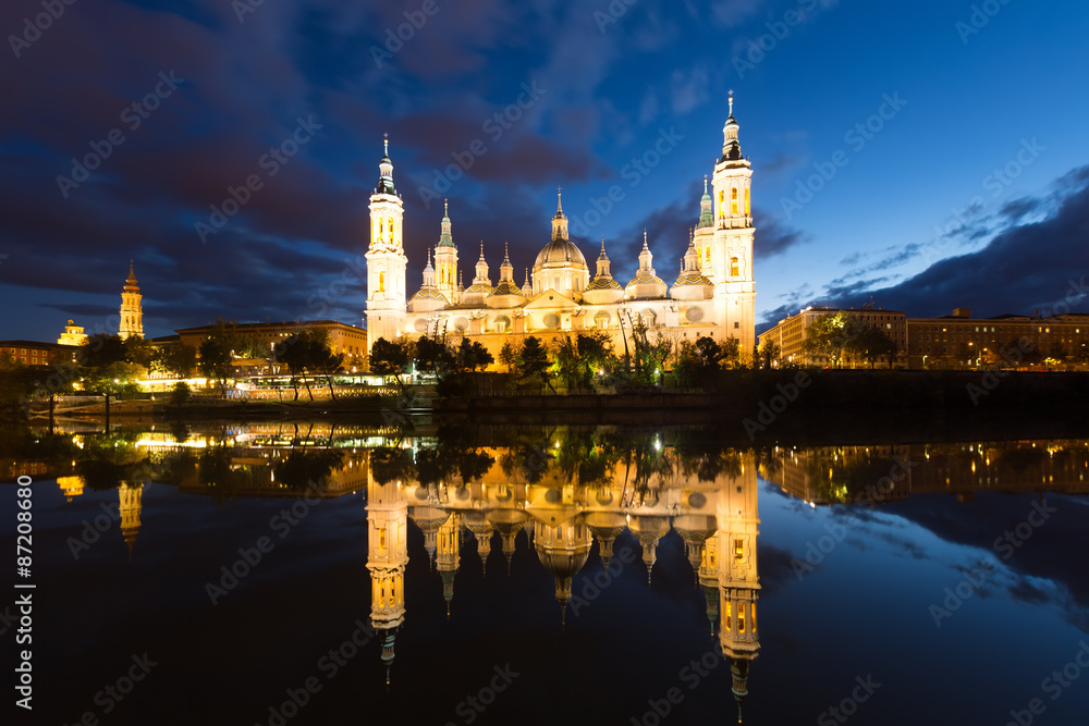  Cathedral and Ebro river in evening. Zaragoza