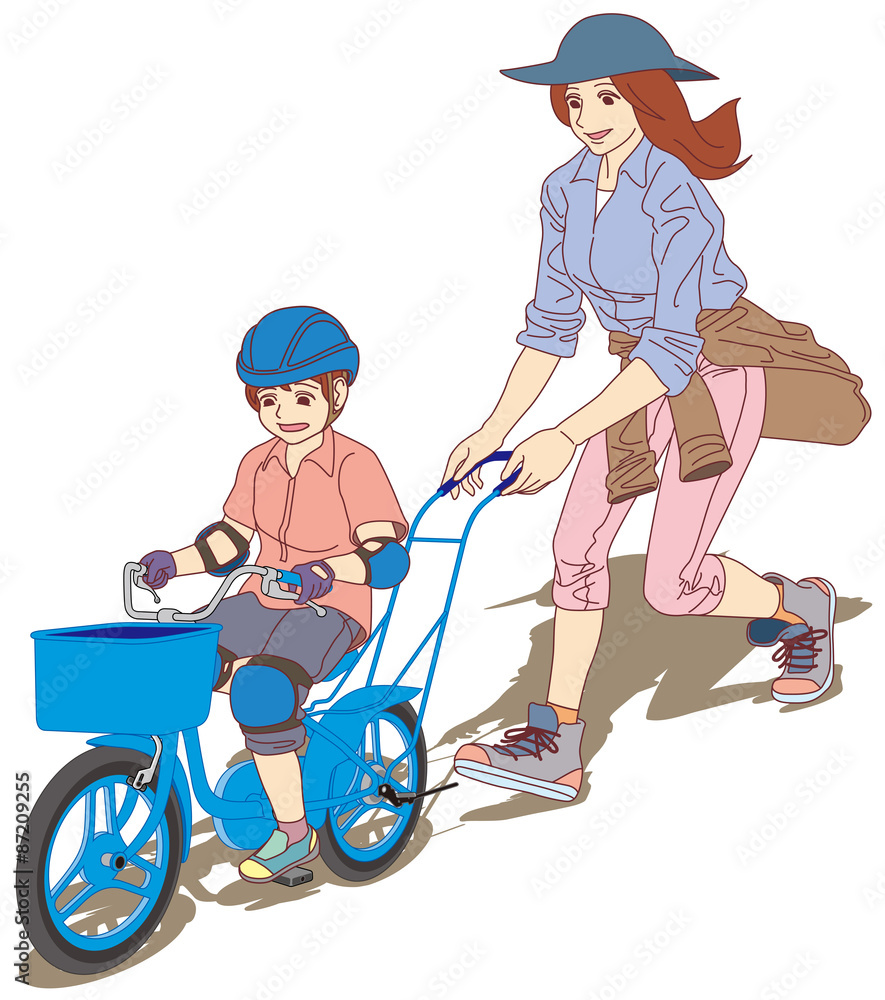 2 初めての自転車練習 お母さん まだ手を離さないでね 右前方斜視 12インチサイズの幼児用自転車に乗って 補助輪無しで自転車に乗る練習をする男の子と それを 優しく手助けする母親と家族の風景です Stock Vector Adobe Stock