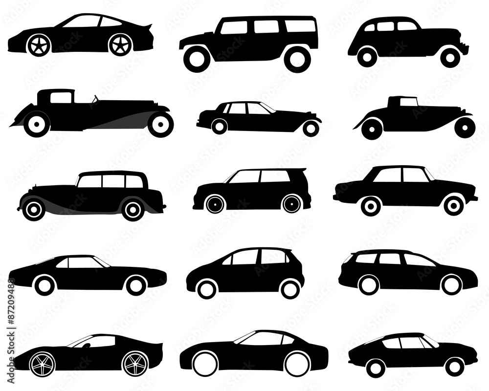 Collection of silhouettes of different models of cars