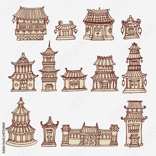 Set of Asian temples and manor houses
