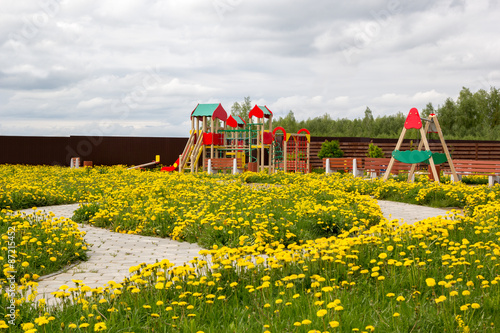 children playground among blossoming dandelions