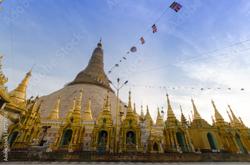 Detail of the ancient Shwedagon pagoda at twilight, quinquennial