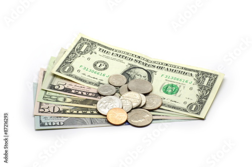 Dollars Tickets and Coins - Isolated