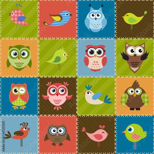 Patchwork background with birds and owls