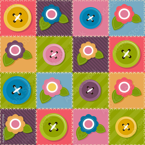 Patchwork background with flowers and sewing buttons