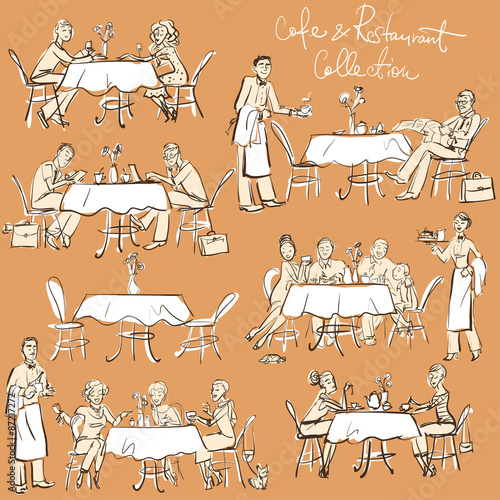 People at cafe and restaurant - Hand drawn Collection. 