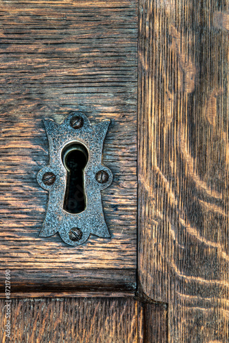 Keyhole with metal plate in a wooden door