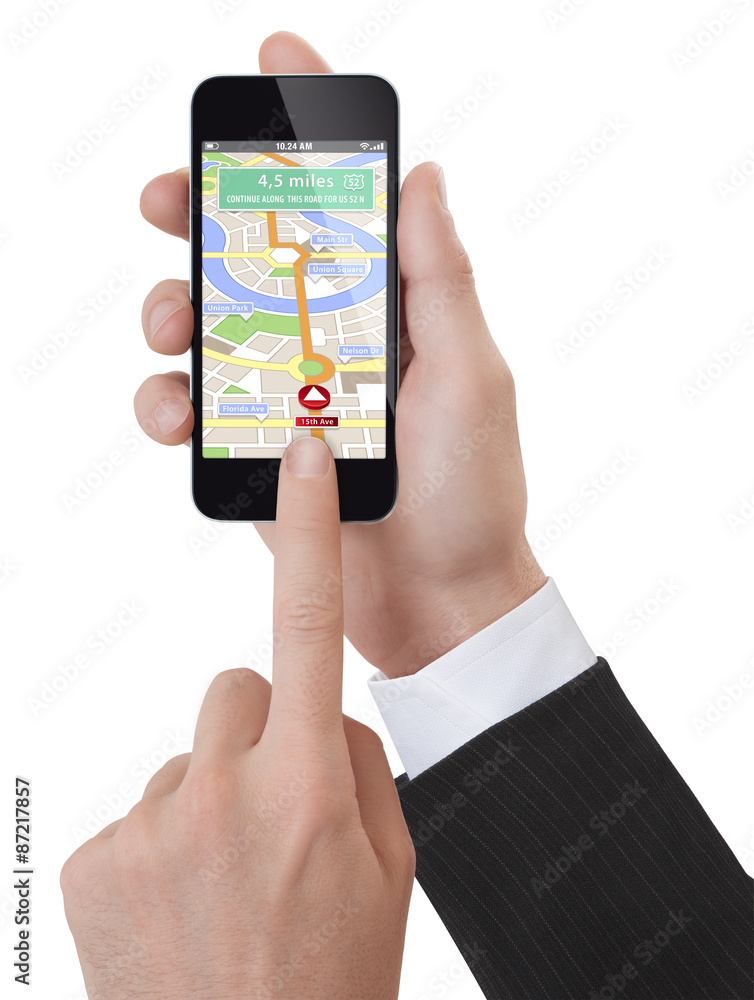 Hands using a generic smartphone with fictional navigator Hands using a generic smartphone with fictional navigator