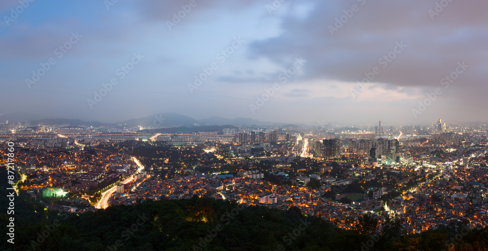 Panoramic night view of Seoul city from the Namsan Mountain