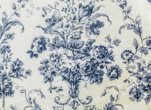 Fototapeta Naklejka Na Ścianę i Meble -  Retro Lace Floral Seamless Pattern Blue Fabric Background Vintage Style