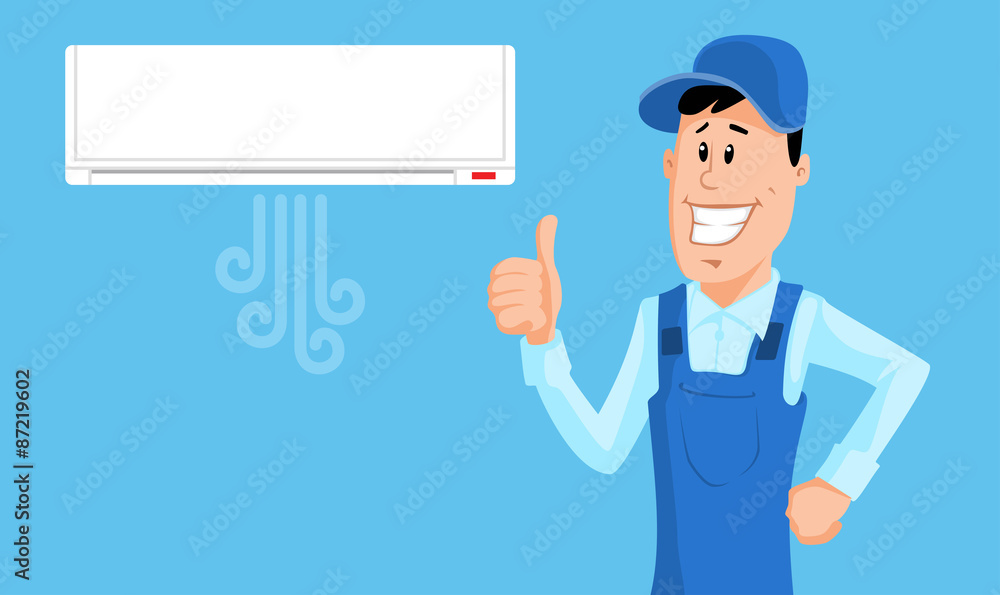 Worker set the air conditioner and show thumb up Worker set the air conditioner and show thumb up