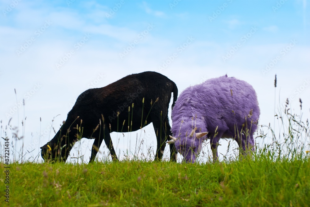 Fototapeta premium Schwarzes und lila-farbiges Schaf, zwei Lämmer/ junge Schafe auf einem Deich, Schleswig-Holstein, Deutschland
