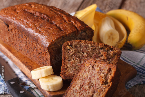 Delicious freshly baked banana bread on a table close-up. Horizontal

