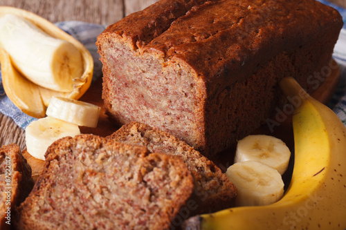 Homemade banana bread close-up on the table. horizontal