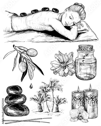 Beauty and healthcare, sketch set of tropical spa