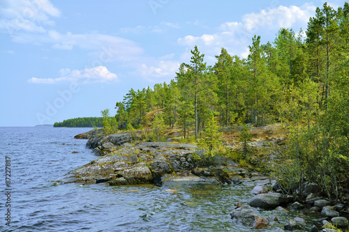 Stony shore of Ladoga lake, Karelia, Russia