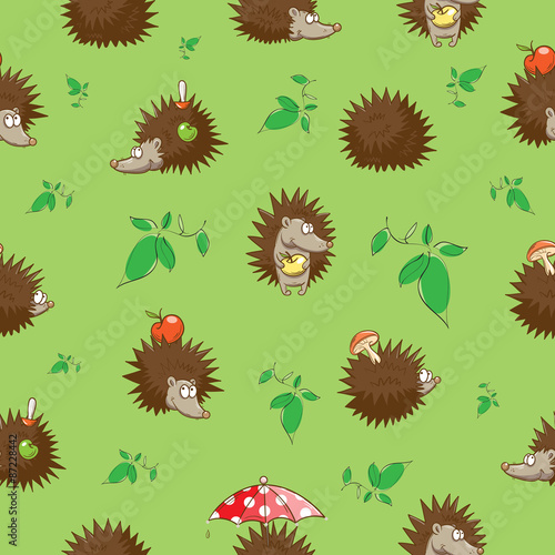 Seamless pattern with cute cartoon hedgehogs on a green background.