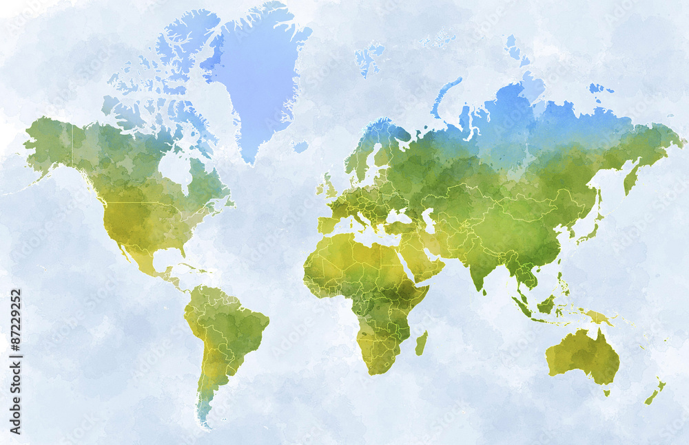 Fototapeta Świat mapy, rysowane ilustrowane pociągnięcia pędzlem, granice państw