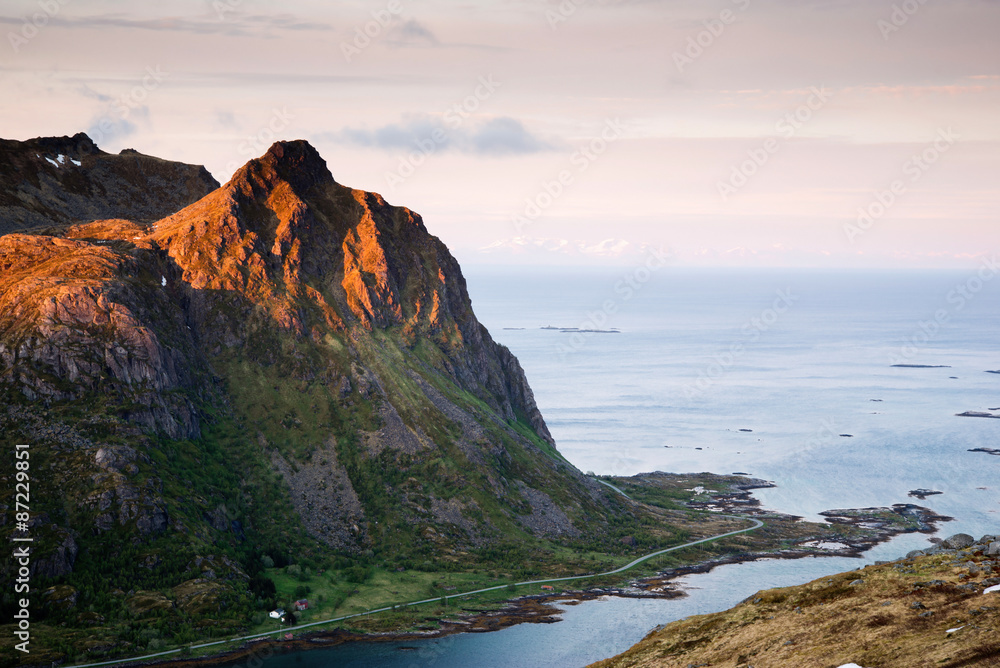 Fototapeta premium road to mountains, Lofoten Islands in Norway