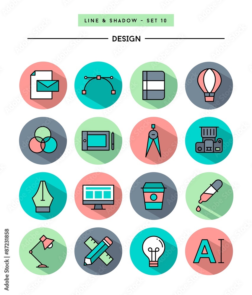 set of flat design,long shadow, thin line designer's tools icons set of flat design,long shadow, thin line designer's tools icons