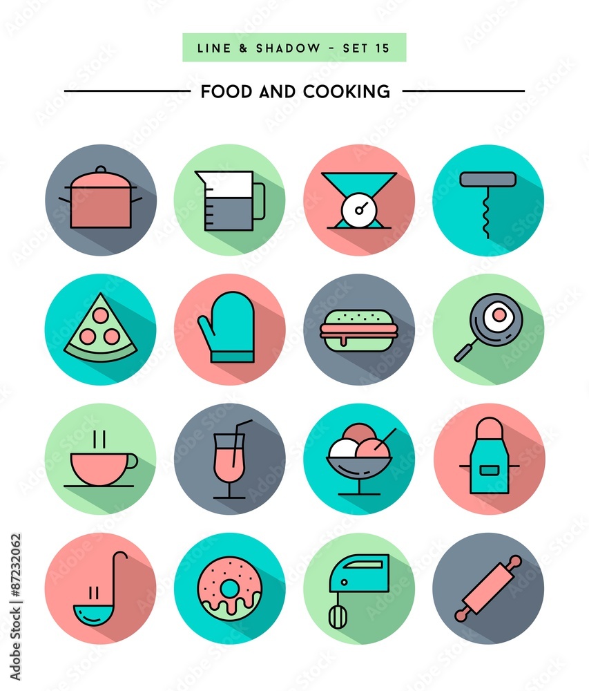 set of flat design,long shadow, thin line food and cooking icons