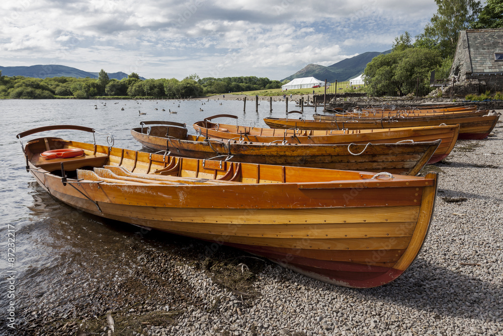 Rowing Boats on banks of Derwent Water, at Keswick, English Lake District. Cumbria, England, UK. Rowing Boats on banks of Derwent Water, at Keswick, English Lake District. Cumbria, England, UK.
