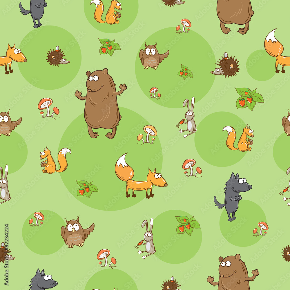 Obraz premium Seamless pattern with cute cartoon forest animals on a green background.
