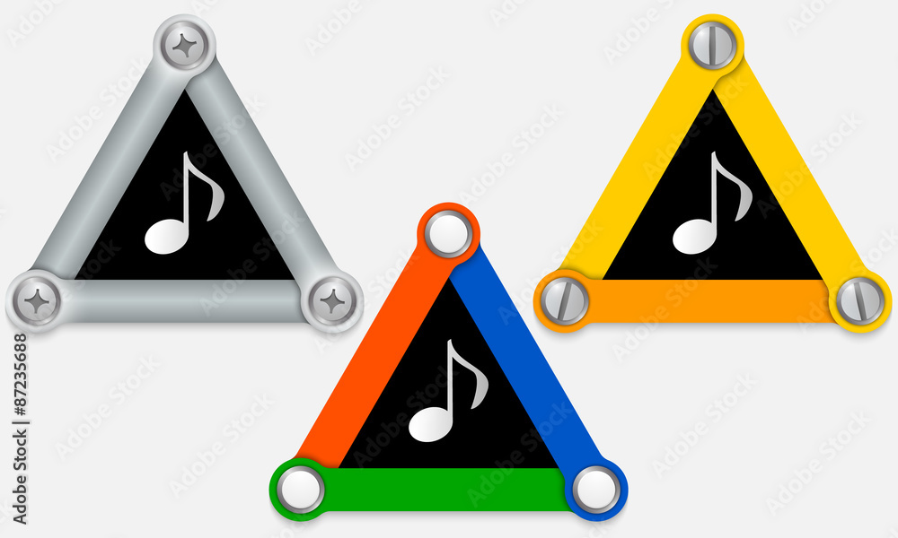 Set of three colored triangles and music symbol Set of three colored triangles and music symbol