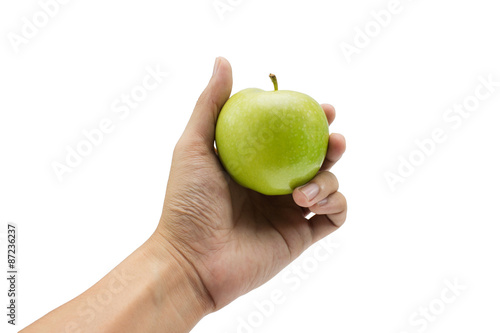 green apple in hand on isolated background