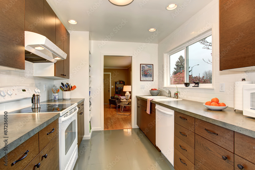 Traditional kitchen with gray floor. Traditional kitchen with gray floor.