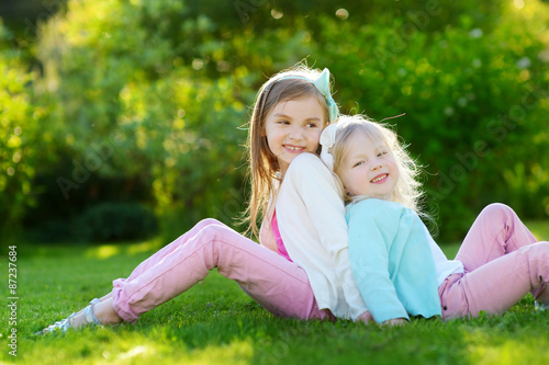 Two cute little sisters having fun on the grass © MNStudio