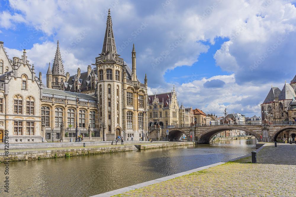View of picturesque houses along channel in Ghent. Belgium. View of picturesque houses along channel in Ghent. Belgium.