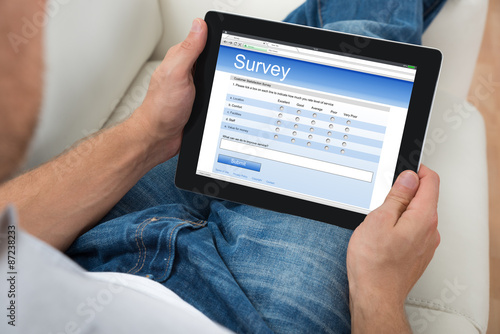Person With Digital Tablet Showing Survey Form