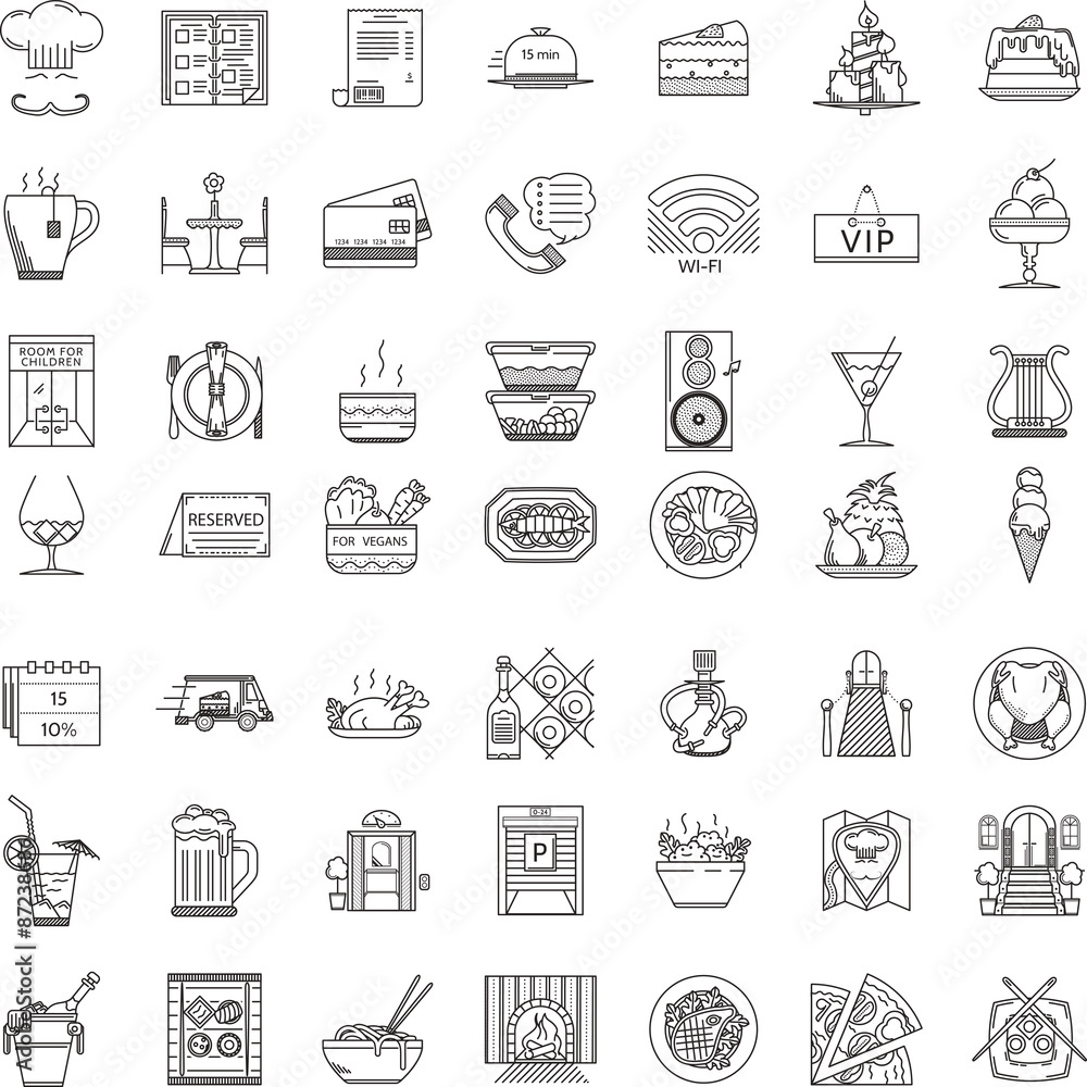 Restaurant flat line icons collection