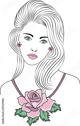 vector illustration of a beautiful girl's portrait with a rose
